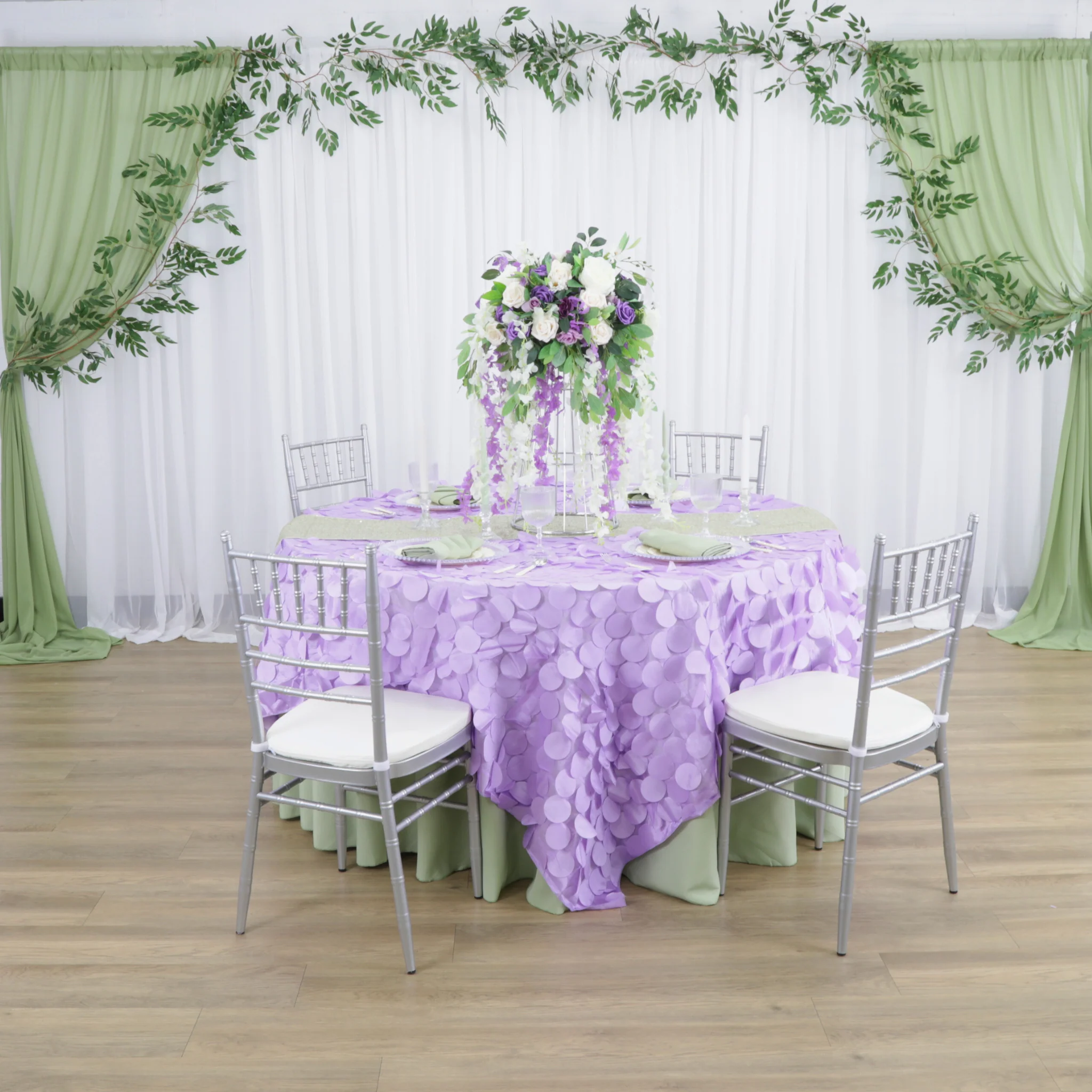 Petal Circle Taffeta 90"x90" Square Table Overlay - Lavender - Image 3