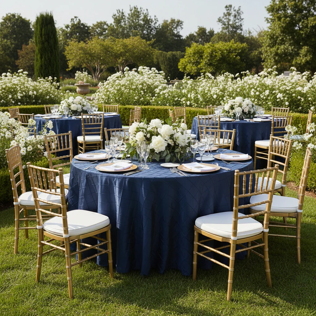 Pintuck 120" Round Tablecloth - Navy Blue - Image 3