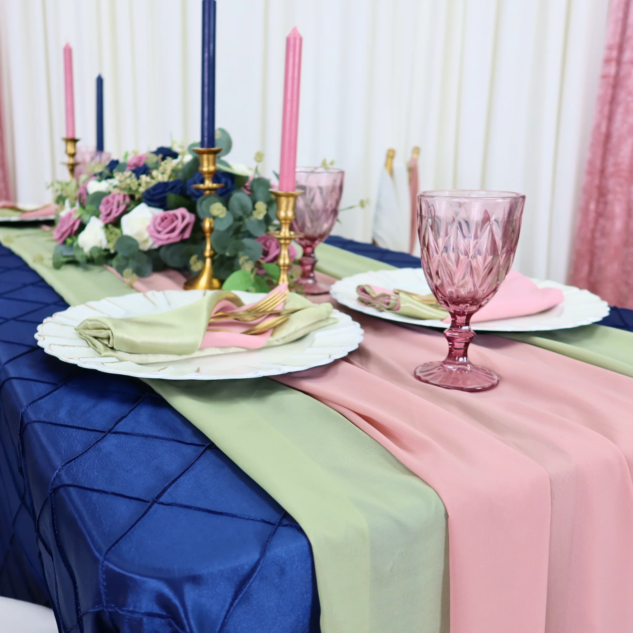 Pintuck 90"x132" Rectangular Tablecloth - Navy Blue - Image 5