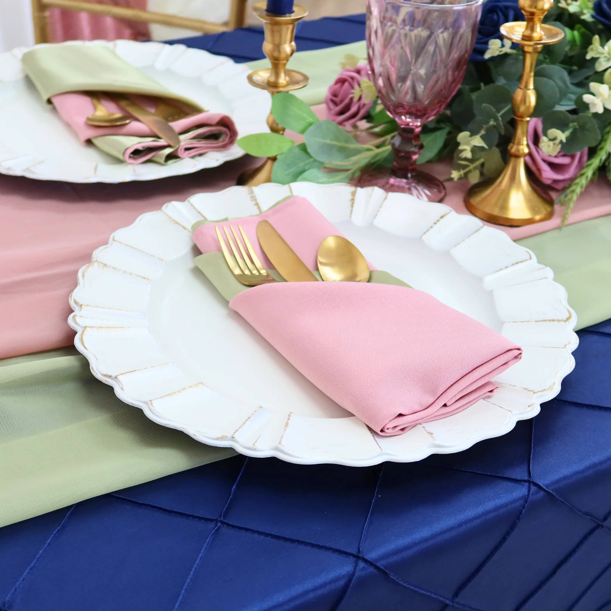Pintuck 90"x156" Rectangular Tablecloth - Navy Blue - Image 3