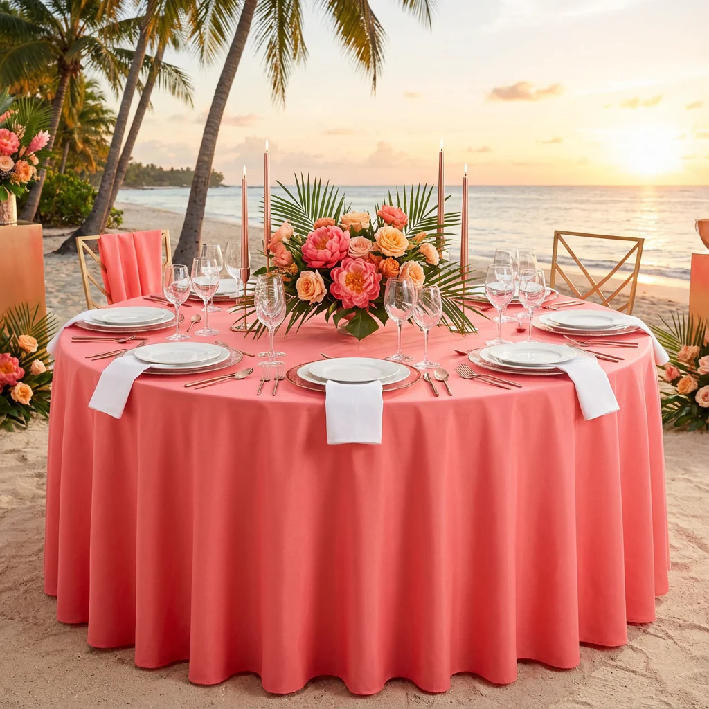Premium Polyester 108" Round Tablecloth - Coral - Image 2