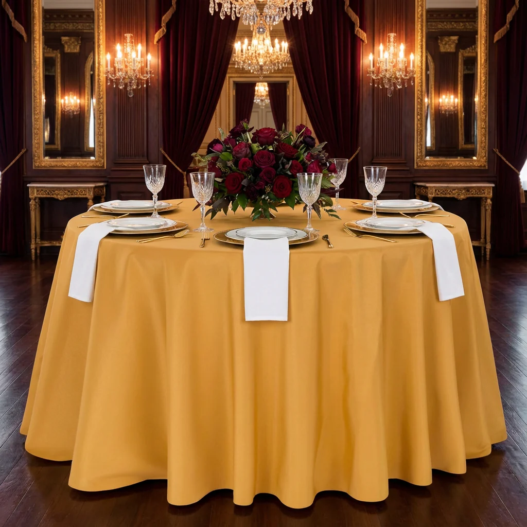 Premium Polyester 108" Round Tablecloth - Gold - Image 2