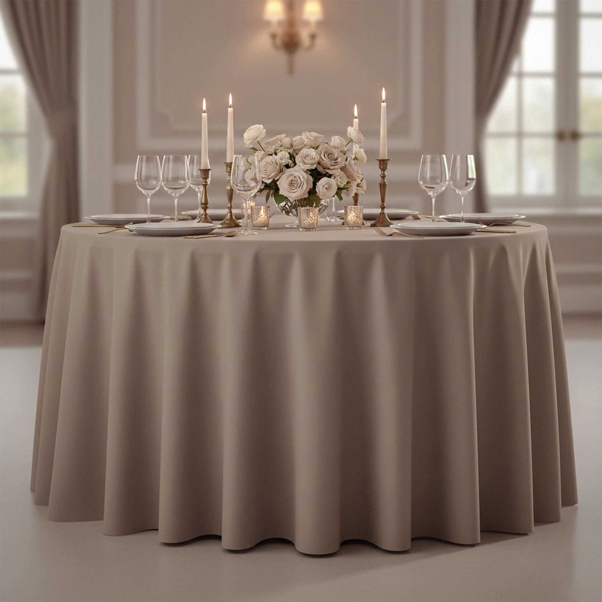 Premium Polyester 108" Round Tablecloth - Taupe - Image 2