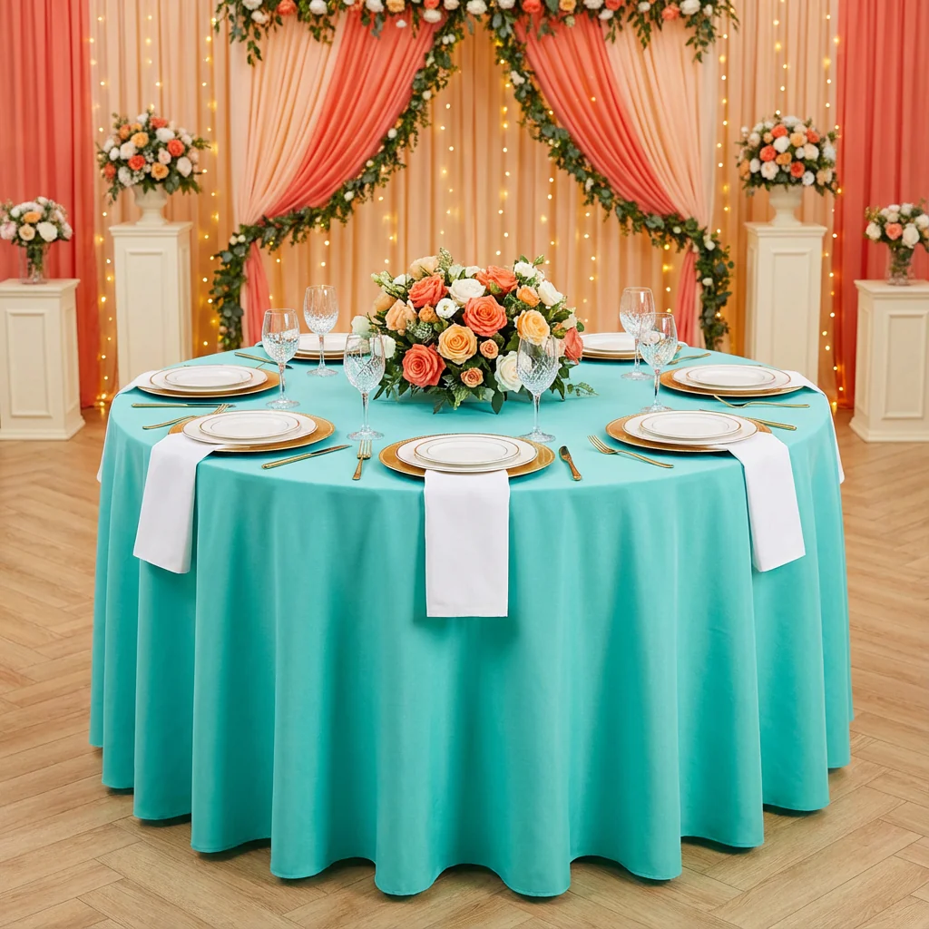 Premium Polyester 108" Round Tablecloth - Turquoise - Image 2
