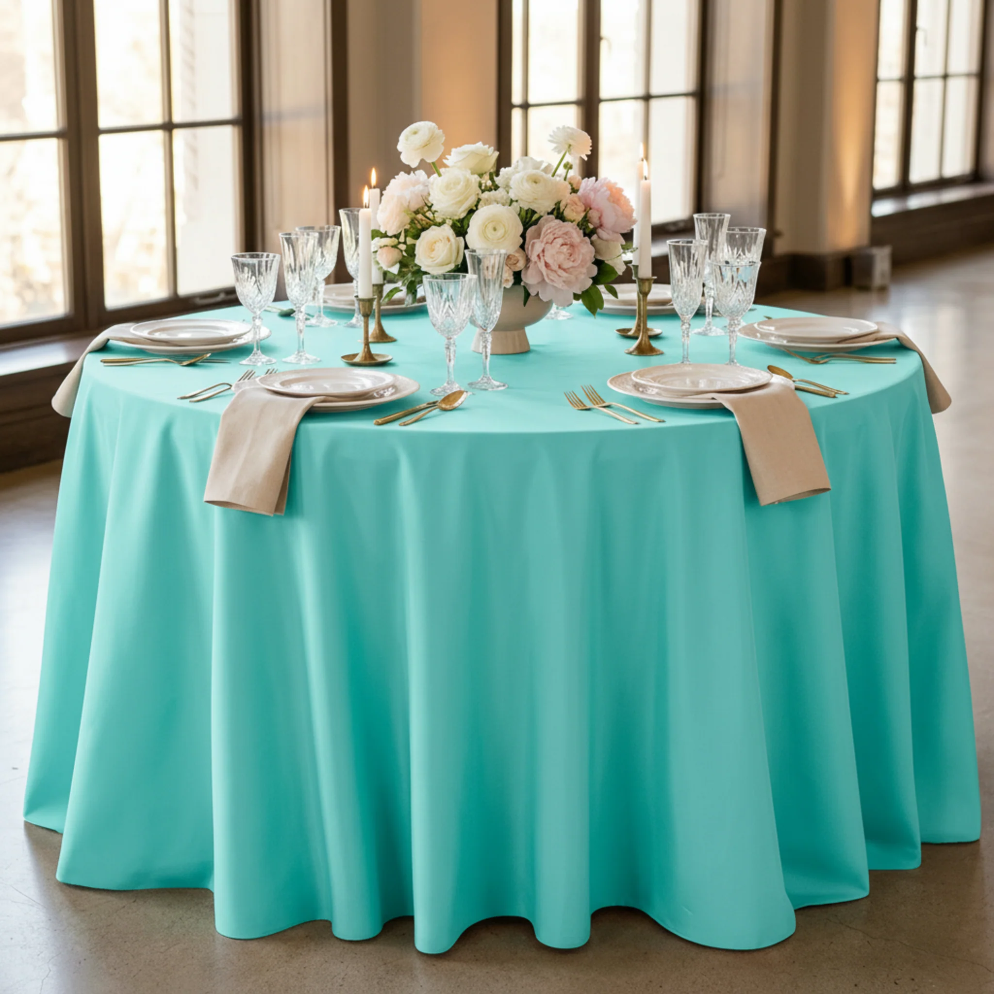 Premium Polyester 120" Round Tablecloth - Turquoise - Image 6