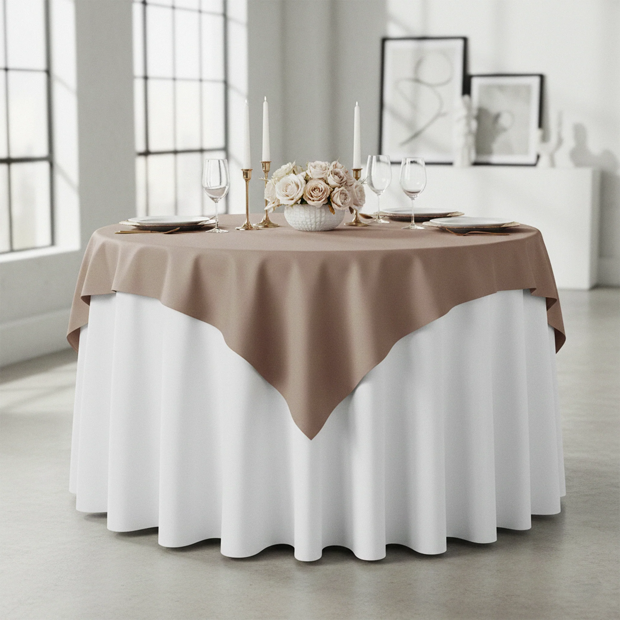 Premium Polyester Square 54" Overlay/Tablecloth - Taupe - Image 2