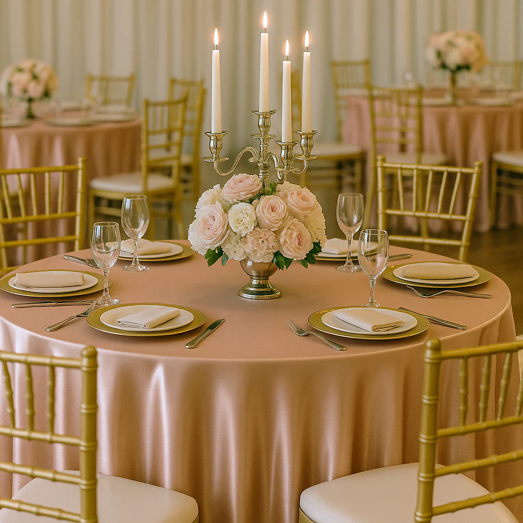 Premium Satin (Wrinkle-Resistant) 132" Round Tablecloth - Blush/Rose Gold - Image 2