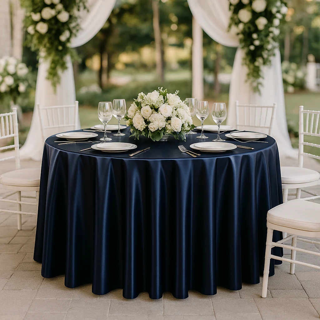 Premium Satin (Wrinkle-Resistant) 132" Round Tablecloth - Navy Blue - Image 2