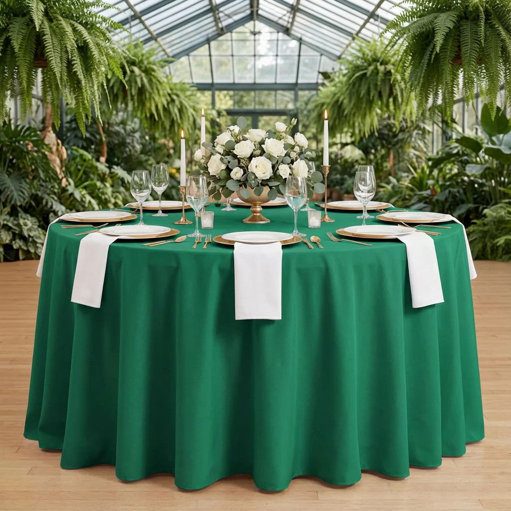 Round Premium Polyester 132" Tablecloth - Emerald Green - Image 2