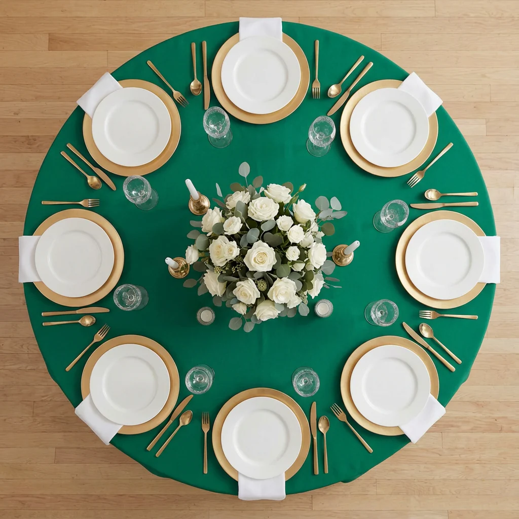 Round Premium Polyester 132" Tablecloth - Emerald Green - Image 3