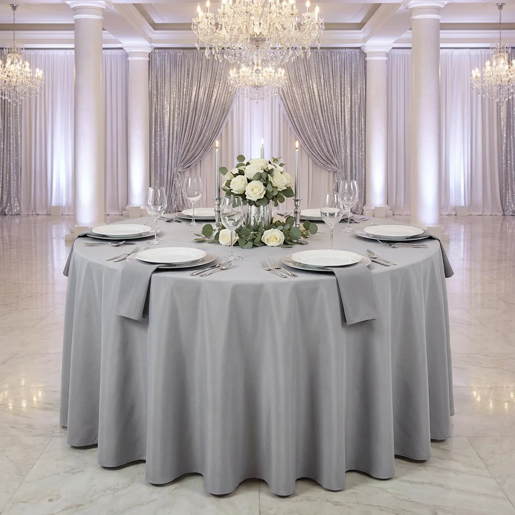 Round Premium Polyester 132" Tablecloth - Gray/Silver - Image 2
