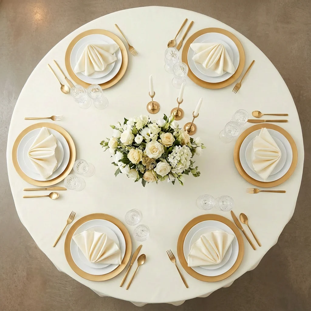 Round Premium Polyester 132" Tablecloth - Ivory - Image 3