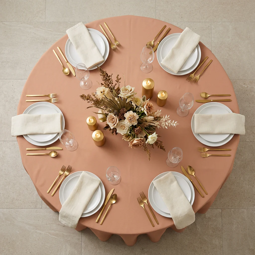 Round Premium Polyester 132" Tablecloth - Latte Rose - Image 3