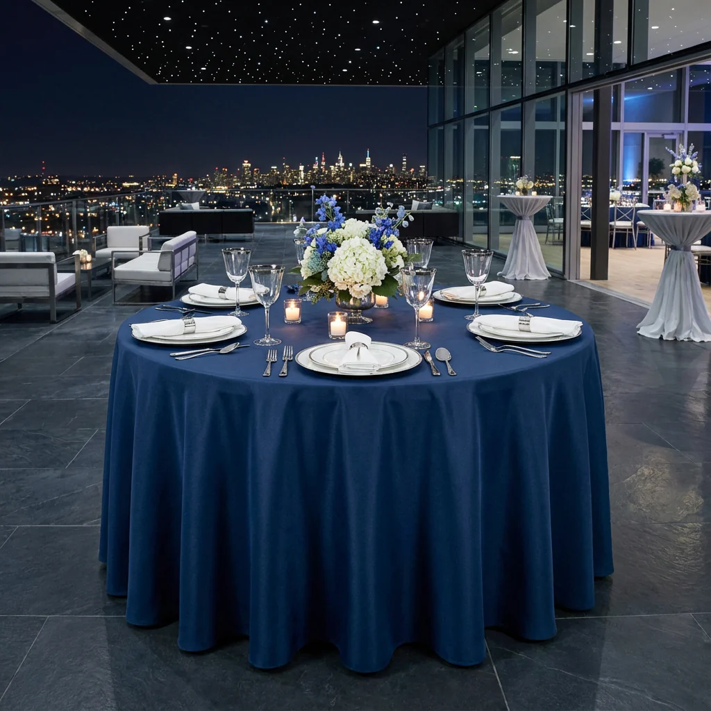 Round Premium Polyester 132" Tablecloth - Navy Blue - Image 2