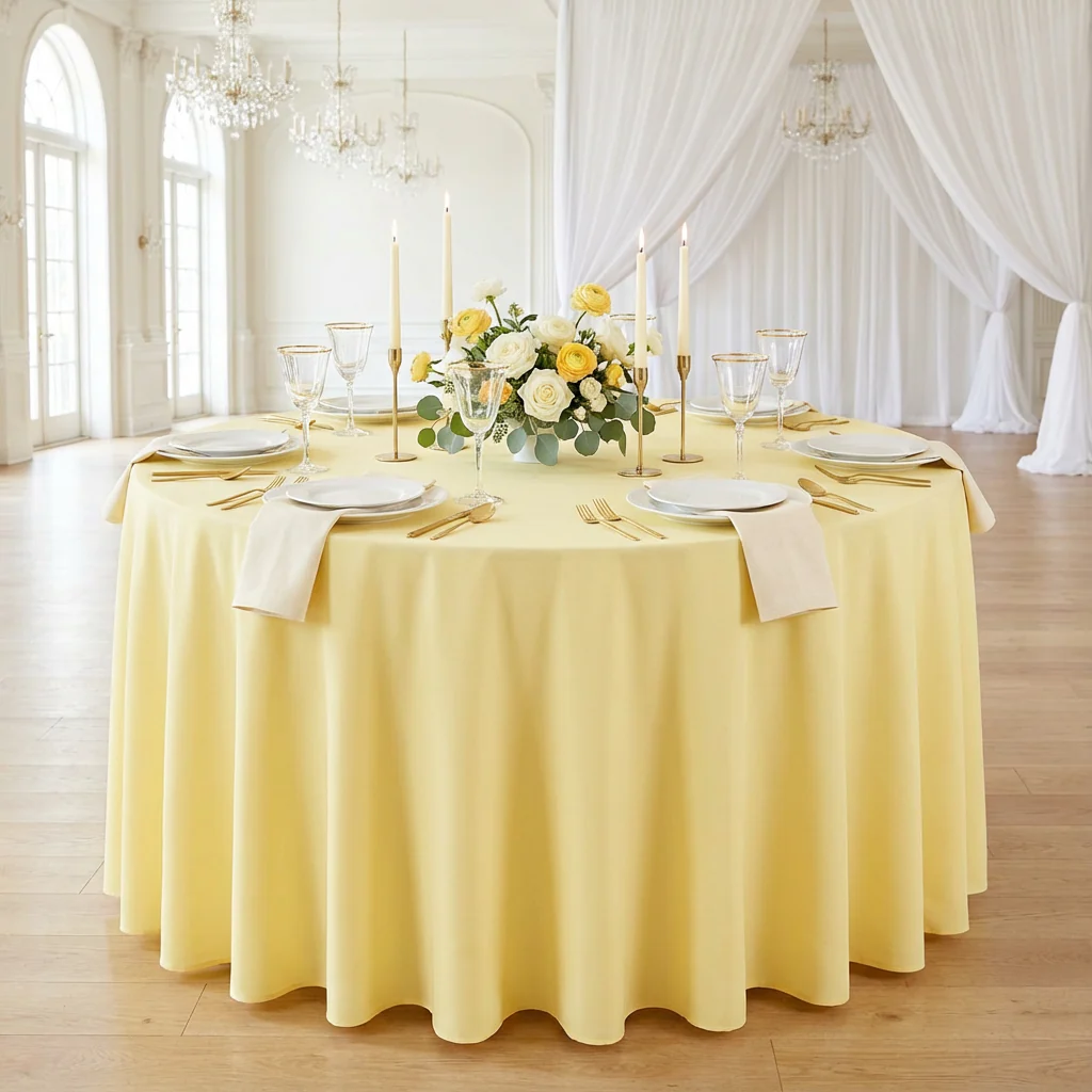 Round Premium Polyester 132" Tablecloth - Pastel Yellow - Image 2
