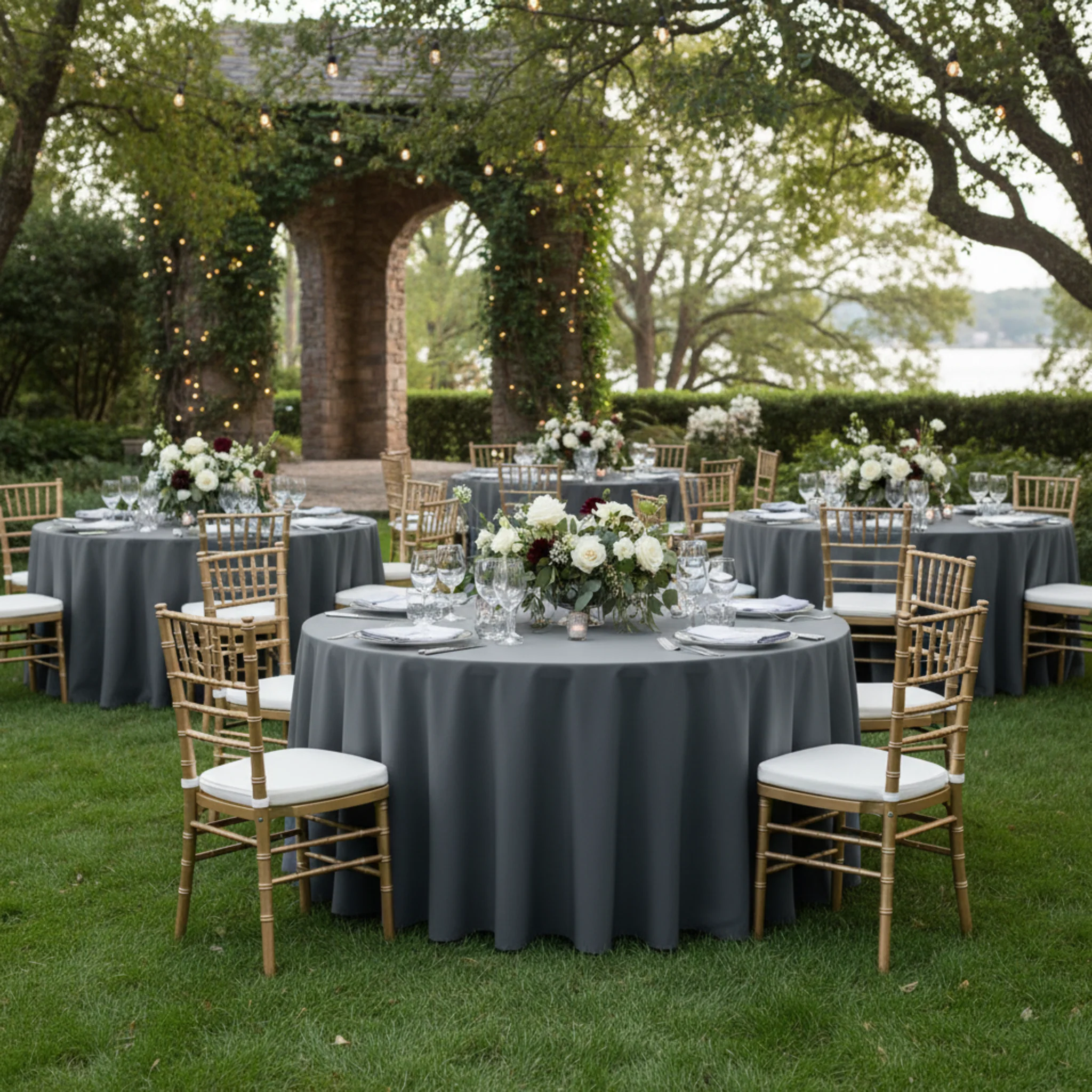 Round Premium Polyester 132" Tablecloth - Pewter - Image 5
