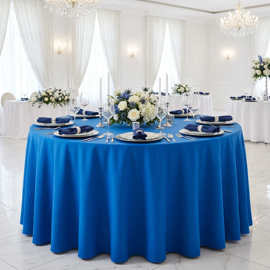 Round Premium Polyester 132" Tablecloth - Royal Blue - Image 2