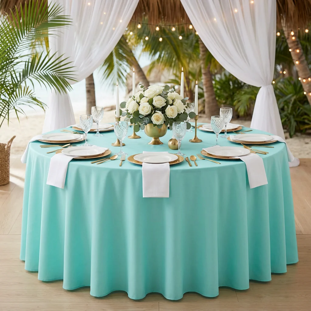 Round Premium Polyester 132" Tablecloth - Turquoise - Image 2