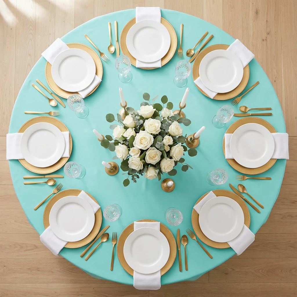 Round Premium Polyester 132" Tablecloth - Turquoise - Image 3