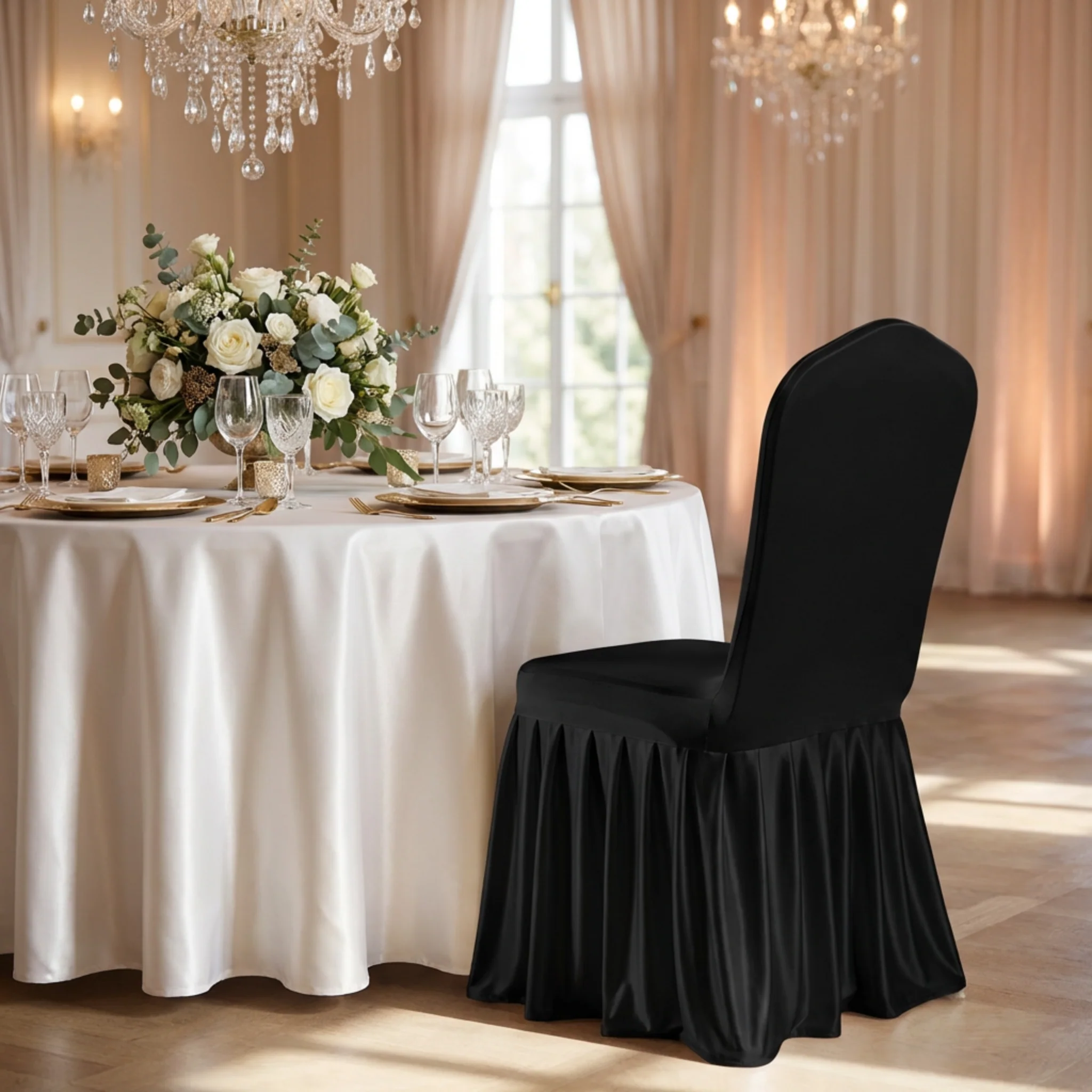 Ruffled Pleated Bottom Spandex Banquet Chair Cover - Black - Image 4