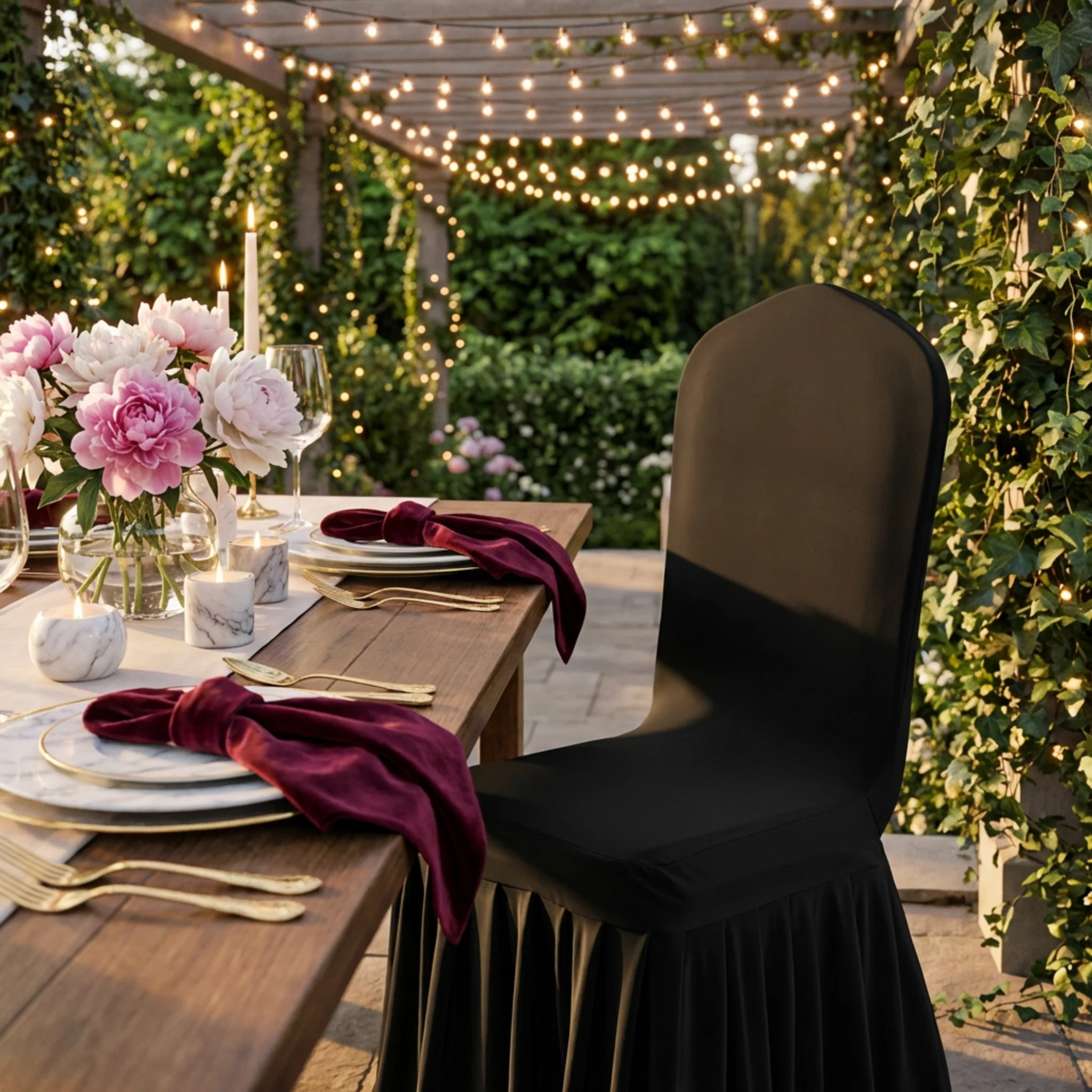 Ruffled Pleated Bottom Spandex Banquet Chair Cover - Black - Image 5