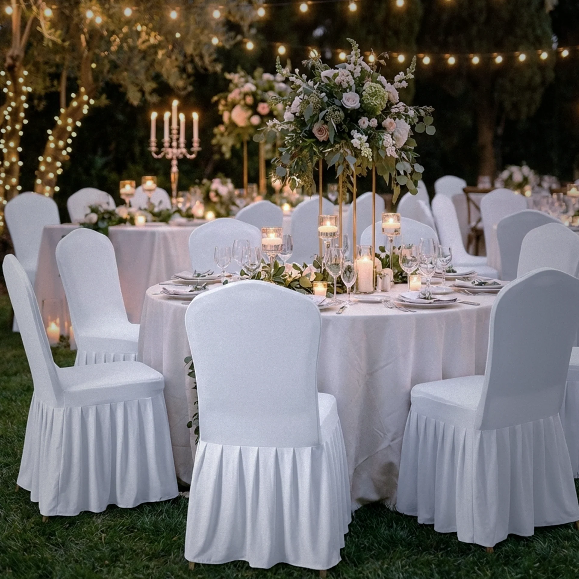 Ruffled Pleated Bottom Spandex Banquet Chair Cover - White - Image 2