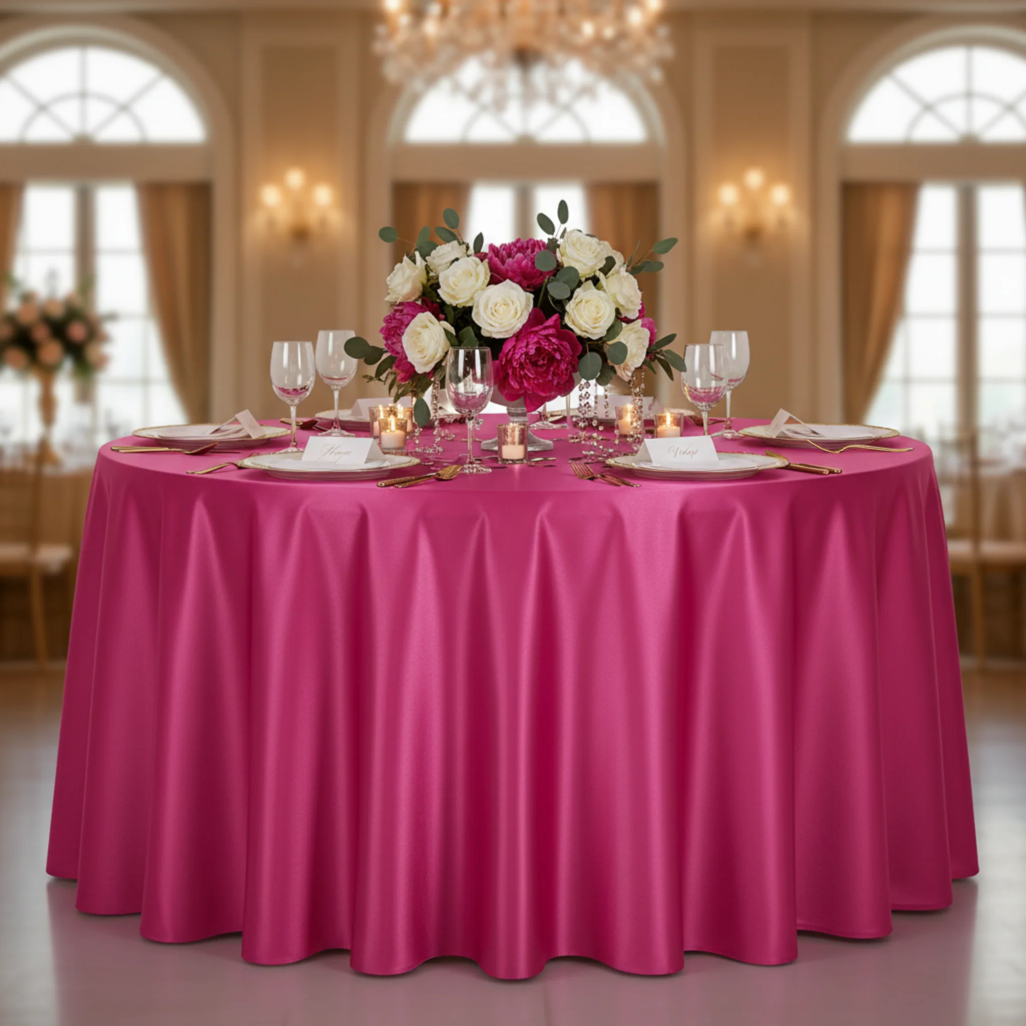 Satin 120" Round Tablecloth - Fuchsia - Image 5