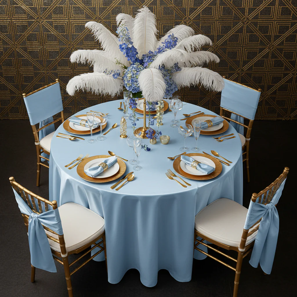 Satin 132" Round Tablecloth - Baby Blue - Image 5