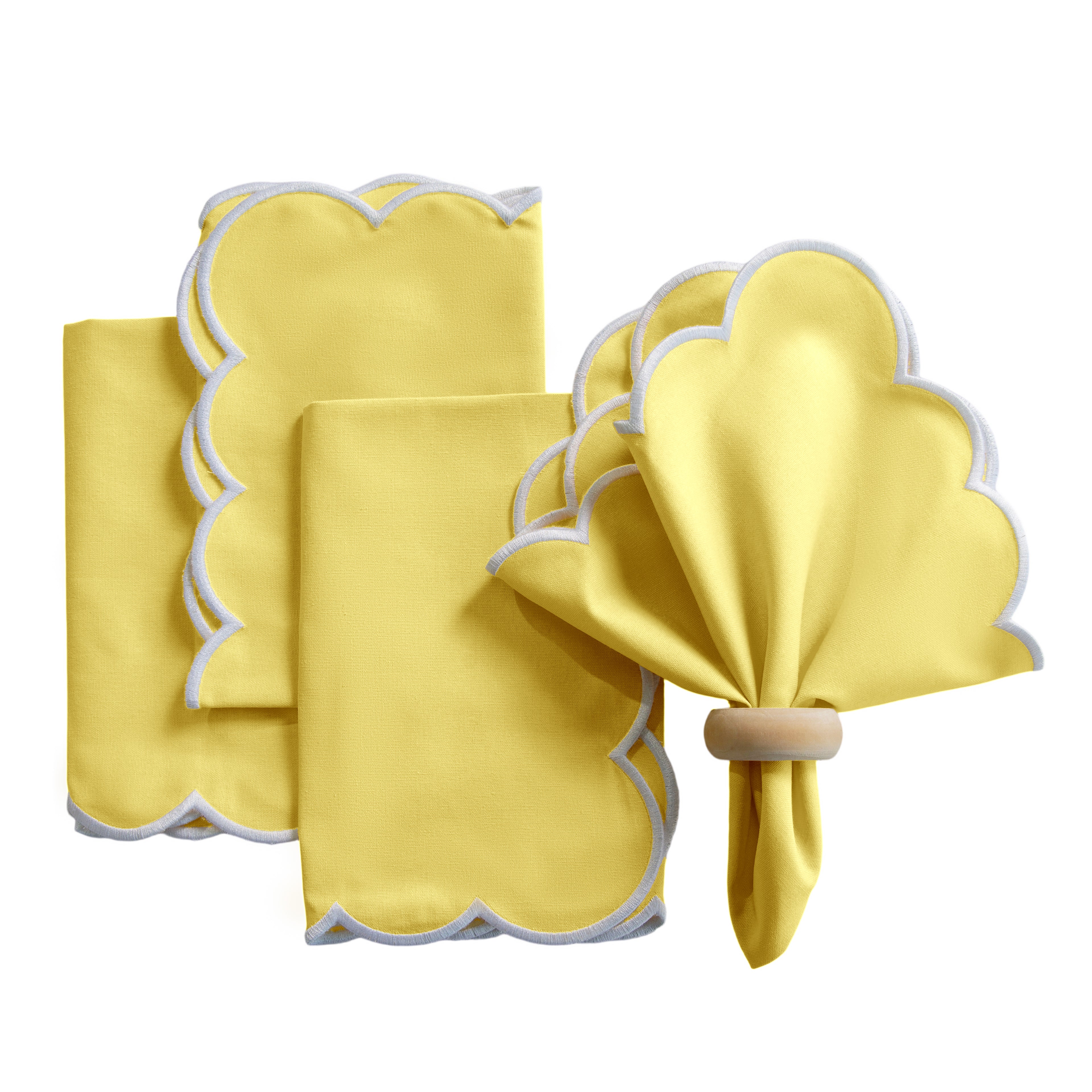 4 pc/pk Scalloped Edge Linen Napkin - Pastel Yellow/White Trim