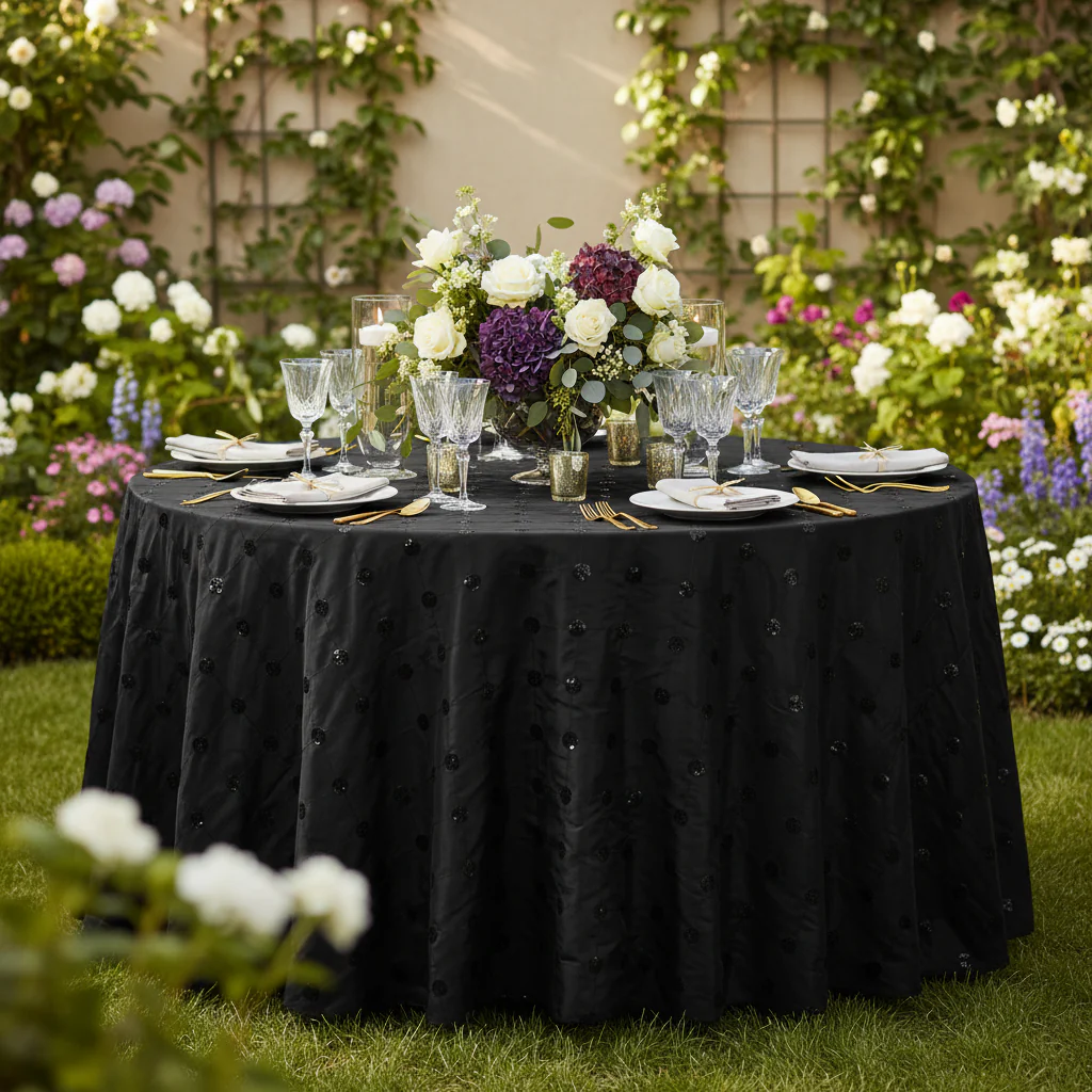Sequin Embroidery Taffeta 120" Round Tablecloth - Black - Image 2