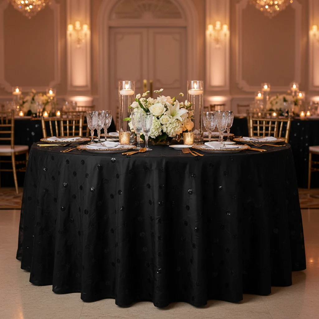 Sequin Embroidery Taffeta 120" Round Tablecloth - Black - Image 3
