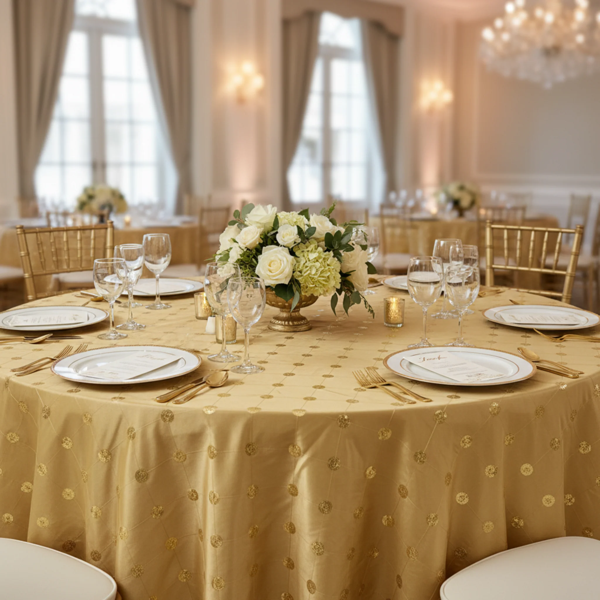 Sequin Embroidery Taffeta 120" Round Tablecloth - Gold - Image 3