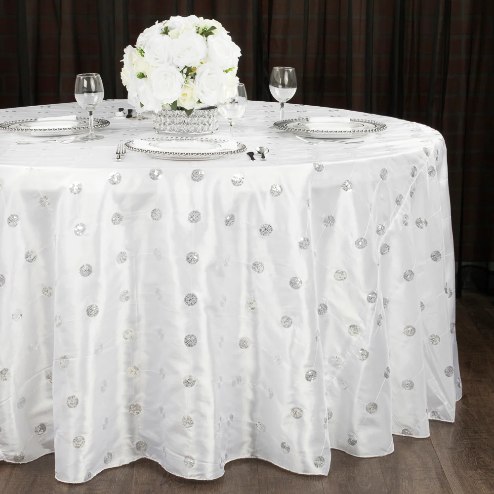 Sequin Embroidery Taffeta 120" Round Tablecloth - White - Image 2