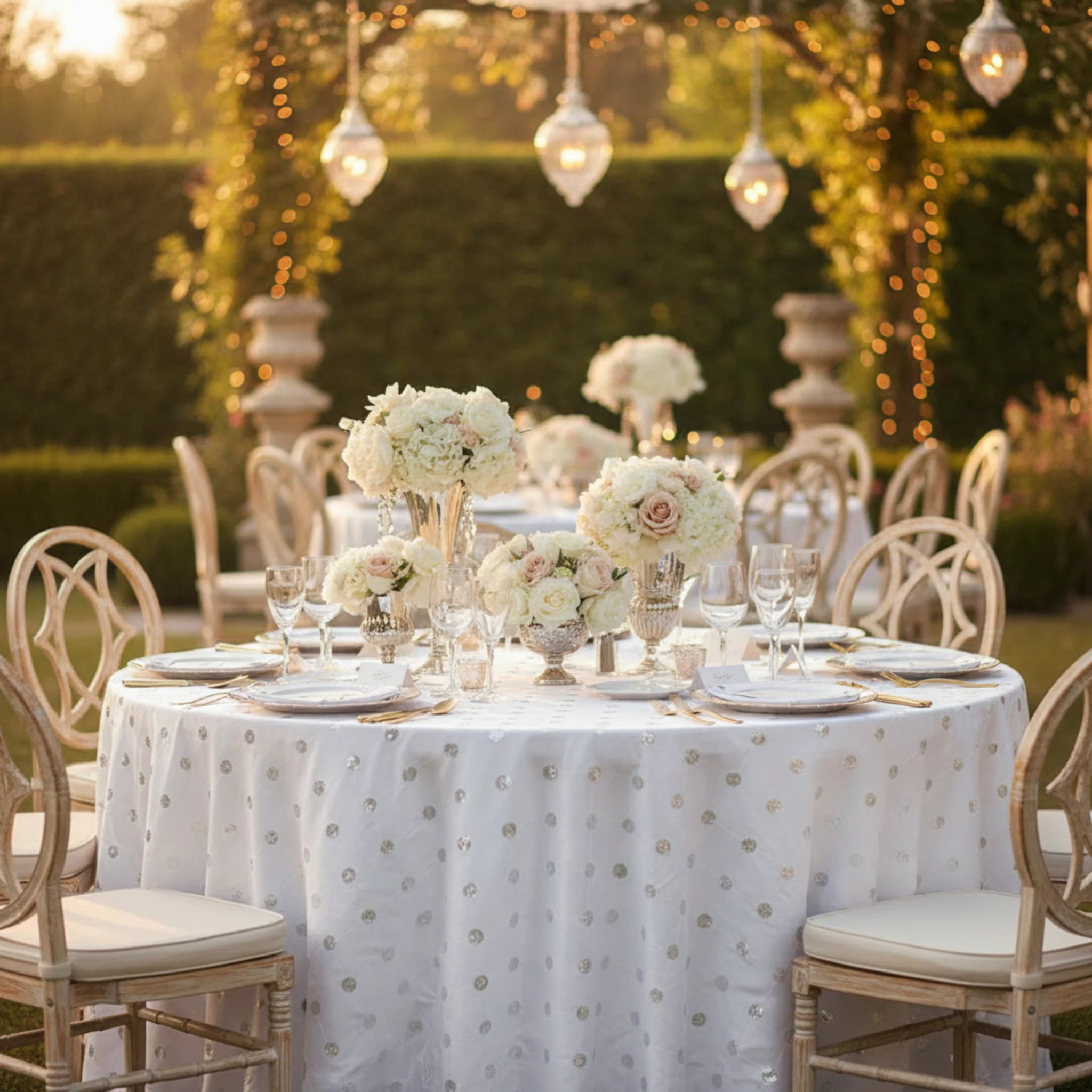 Sequin Embroidery Taffeta 120" Round Tablecloth - White - Image 4