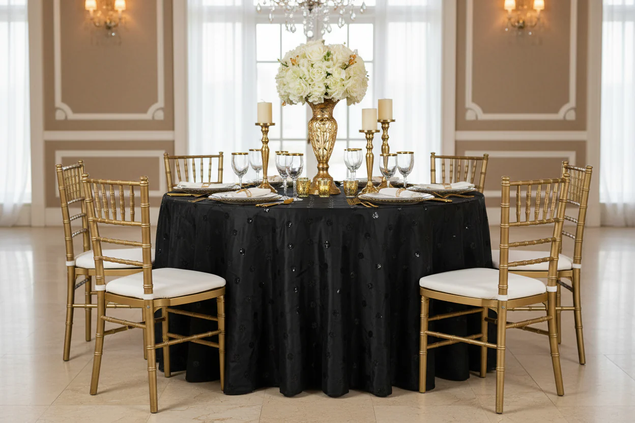 Sequin Embroidery Taffeta 132" Round Tablecloth - Black - Image 4