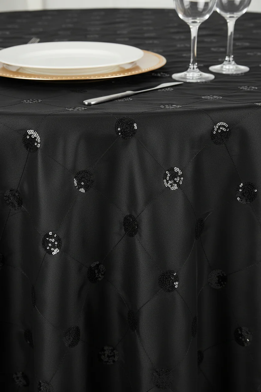 Sequin Embroidery Taffeta 132" Round Tablecloth - Black - Image 5