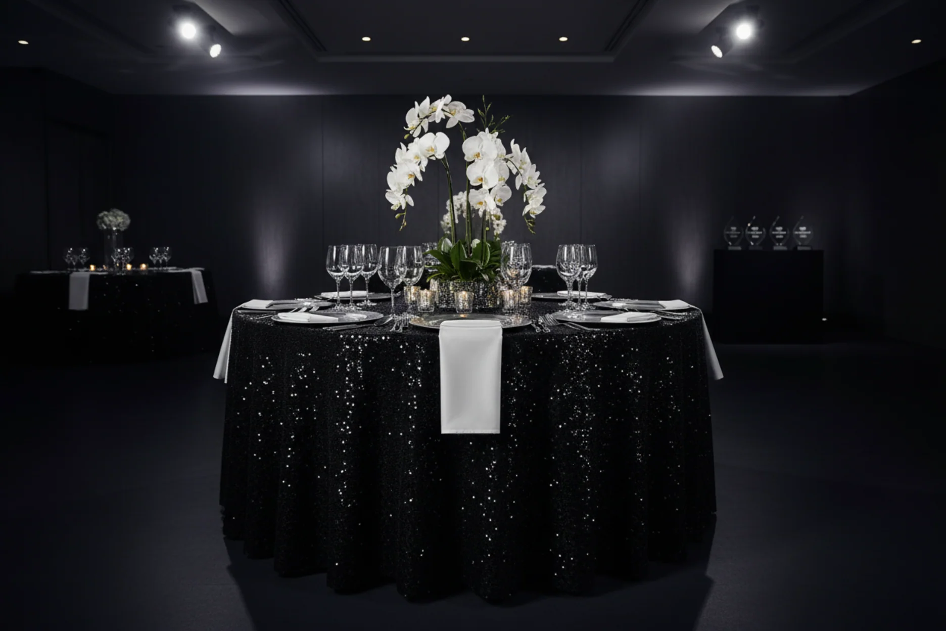 Sequin Velvet 120" Round Tablecloth - Black - Image 5