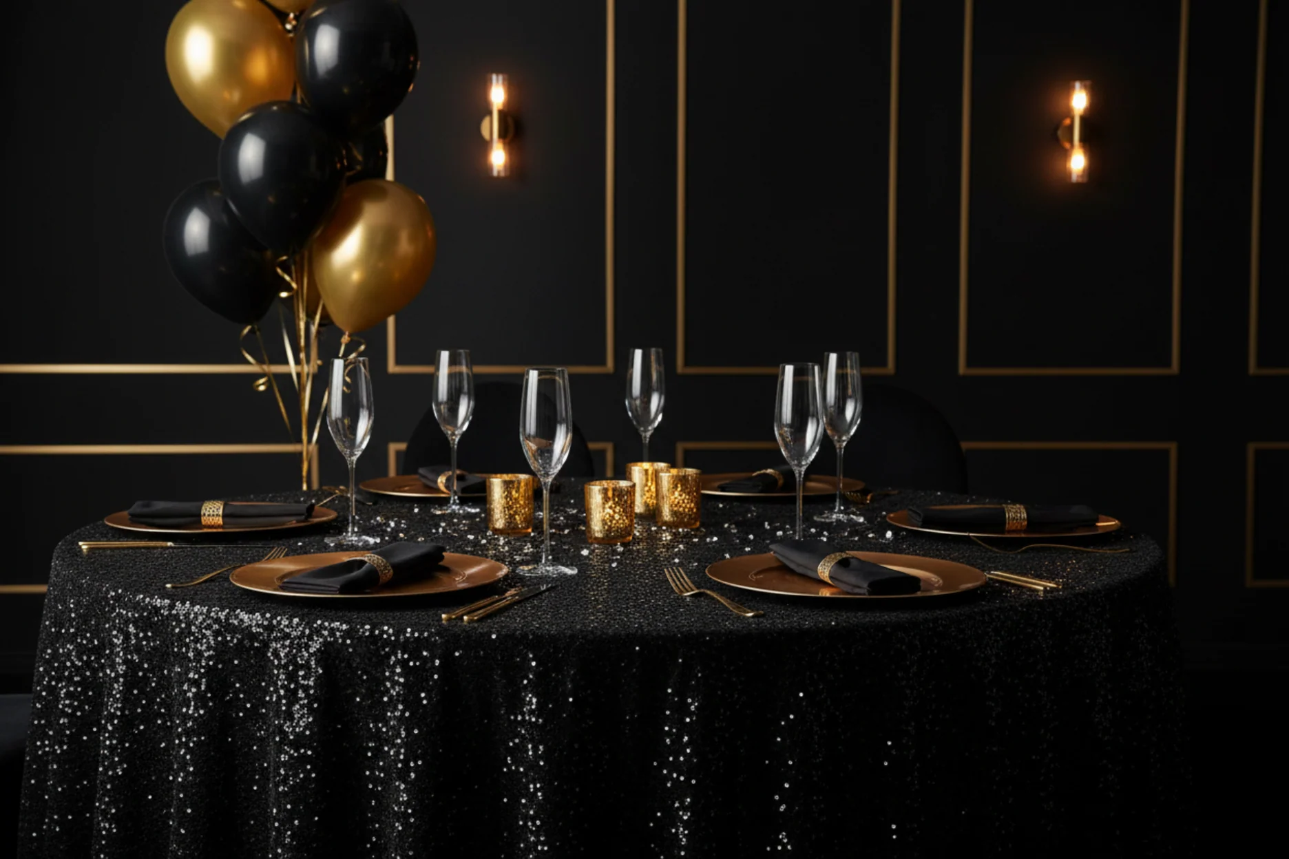 Sequin Velvet 120" Round Tablecloth - Black - Image 6