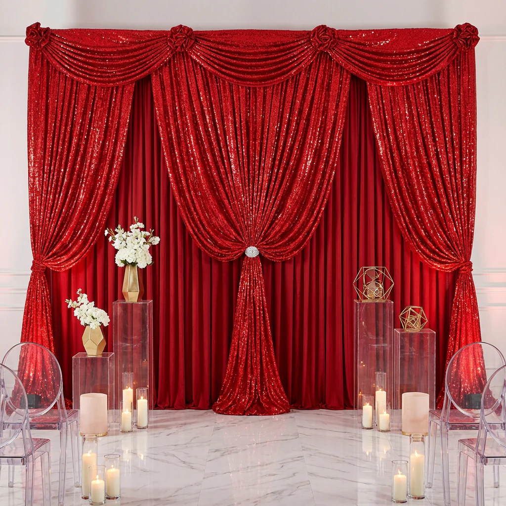 Sequin Velvet 10ft H x 52" W Drape/Backdrop Curtain Panel - Red - Image 2