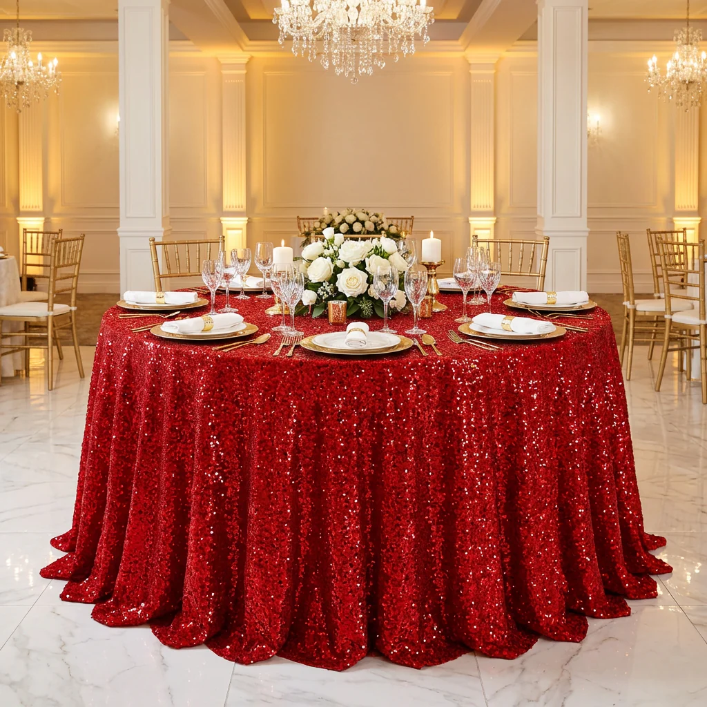 Sequin Velvet 132" Round Tablecloth - Red - Image 2