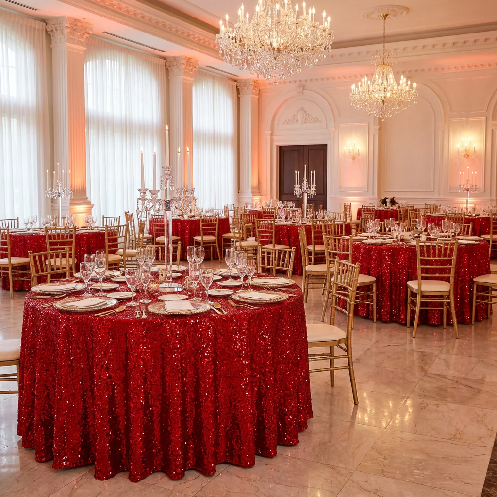 Sequin Velvet 132" Round Tablecloth - Red - Image 4