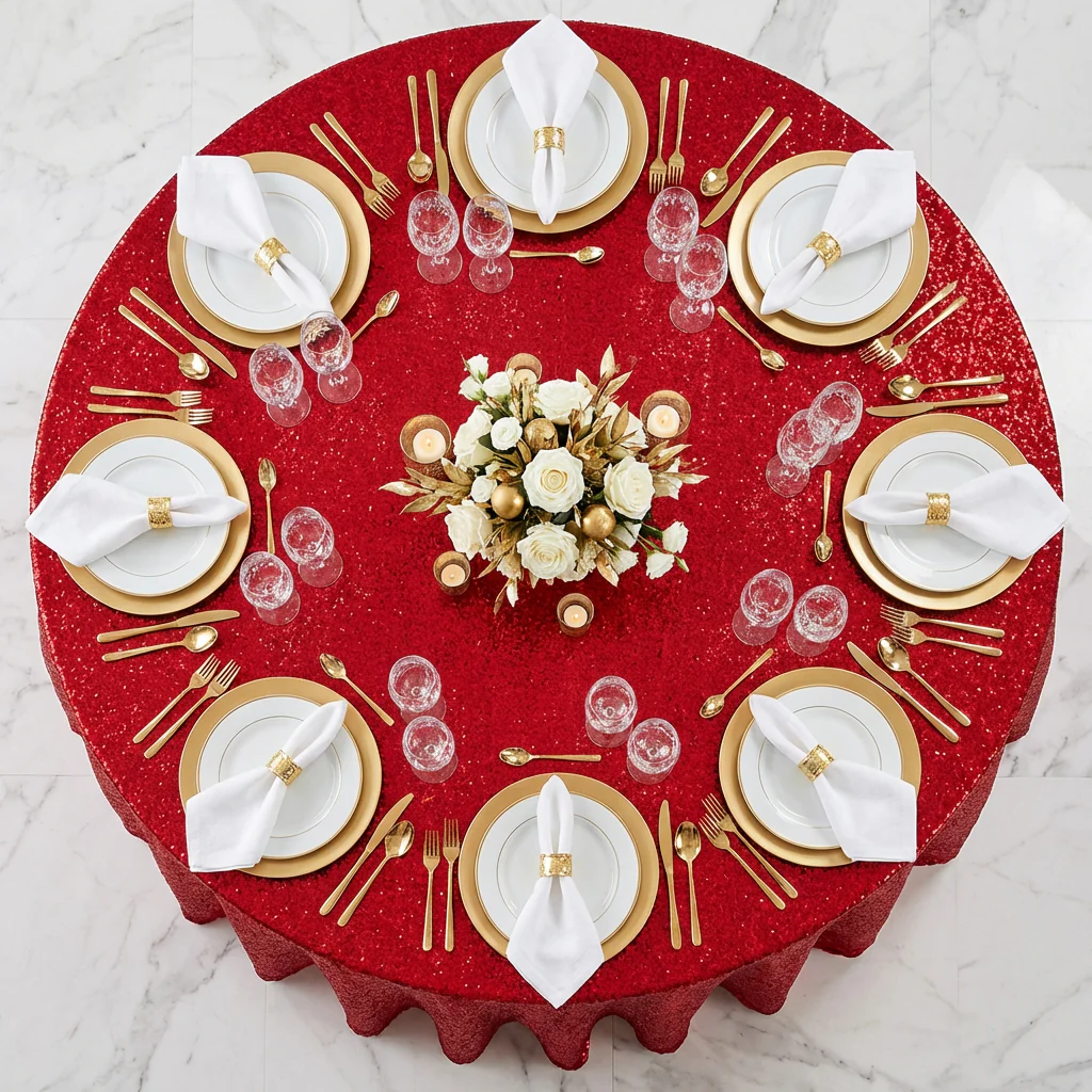 Sequin Velvet 132" Round Tablecloth - Red - Image 6