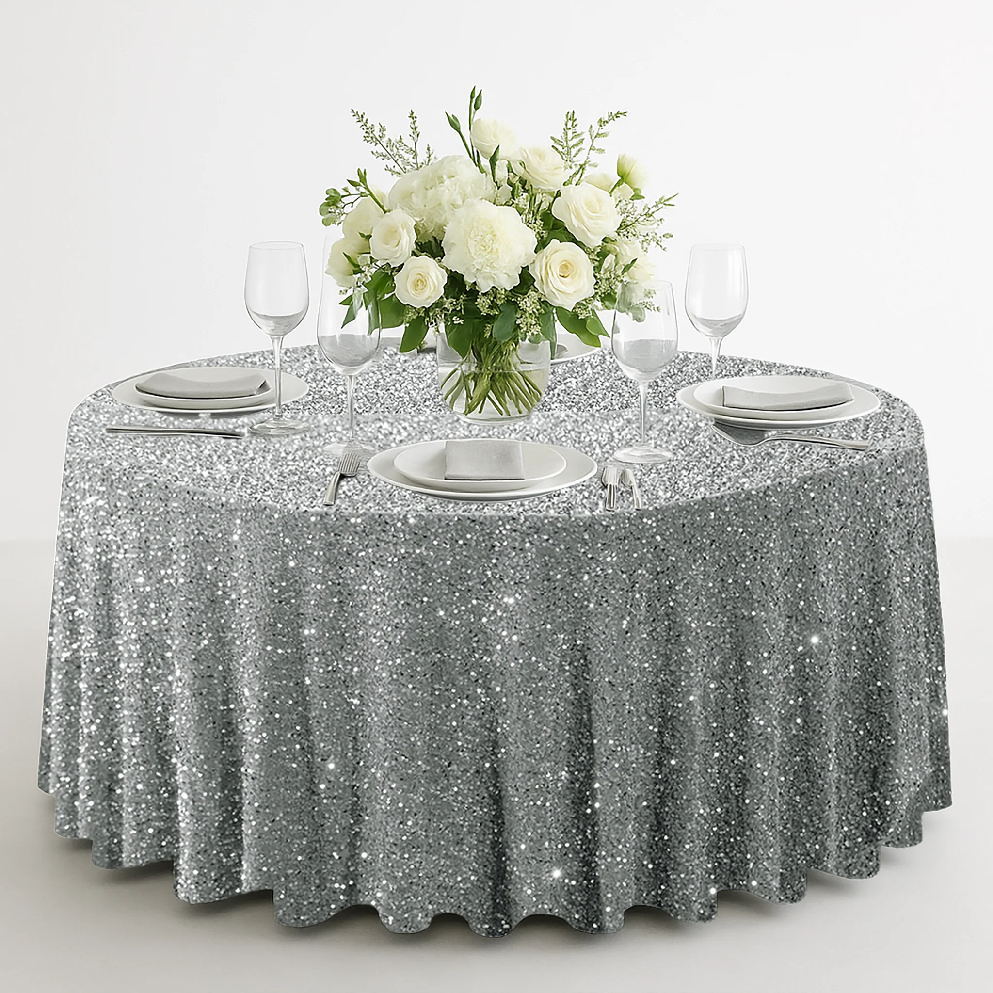 Sequin Velvet 132" Round Tablecloth - Silver - Image 2