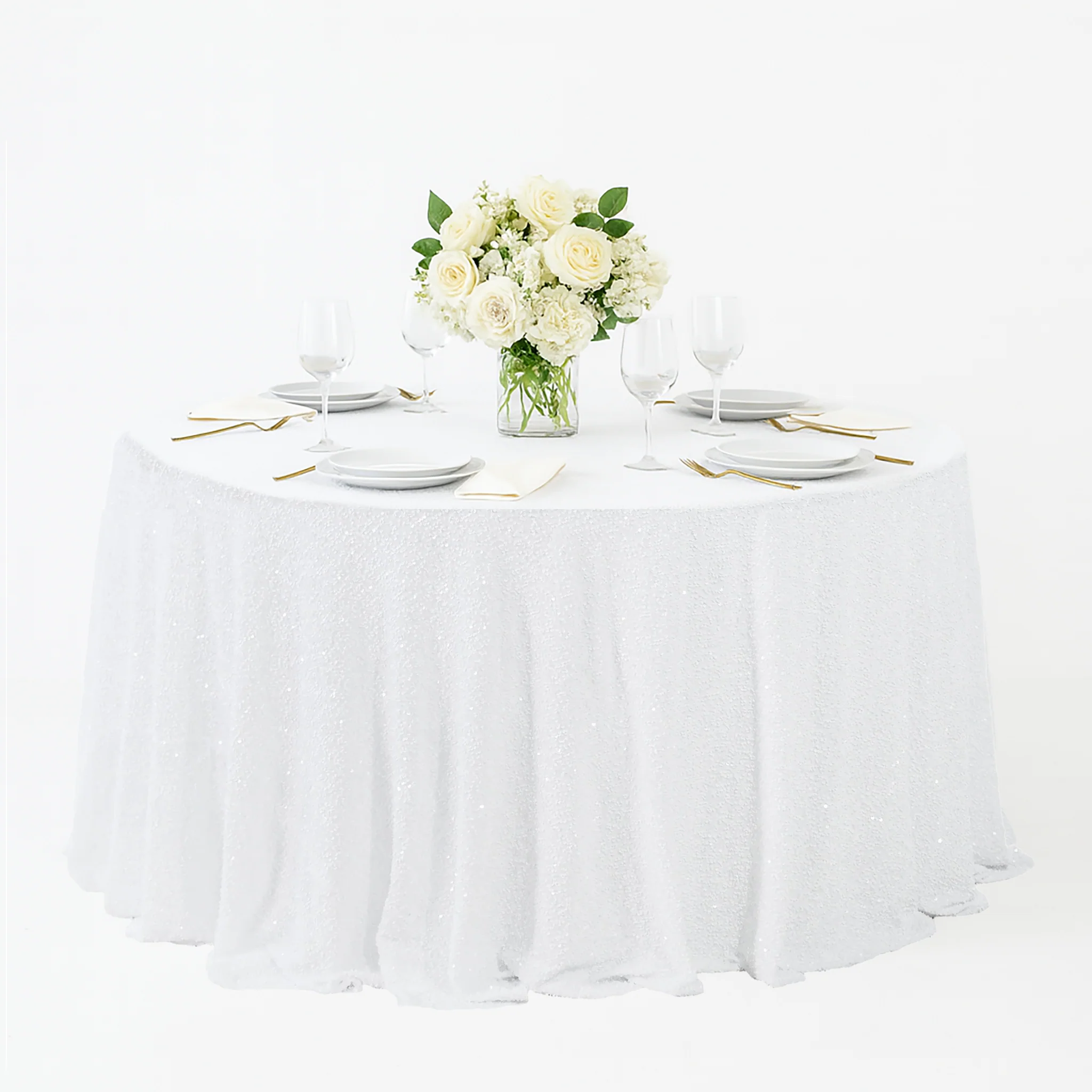 Sequin Velvet 132" Round Tablecloth - White - Image 2