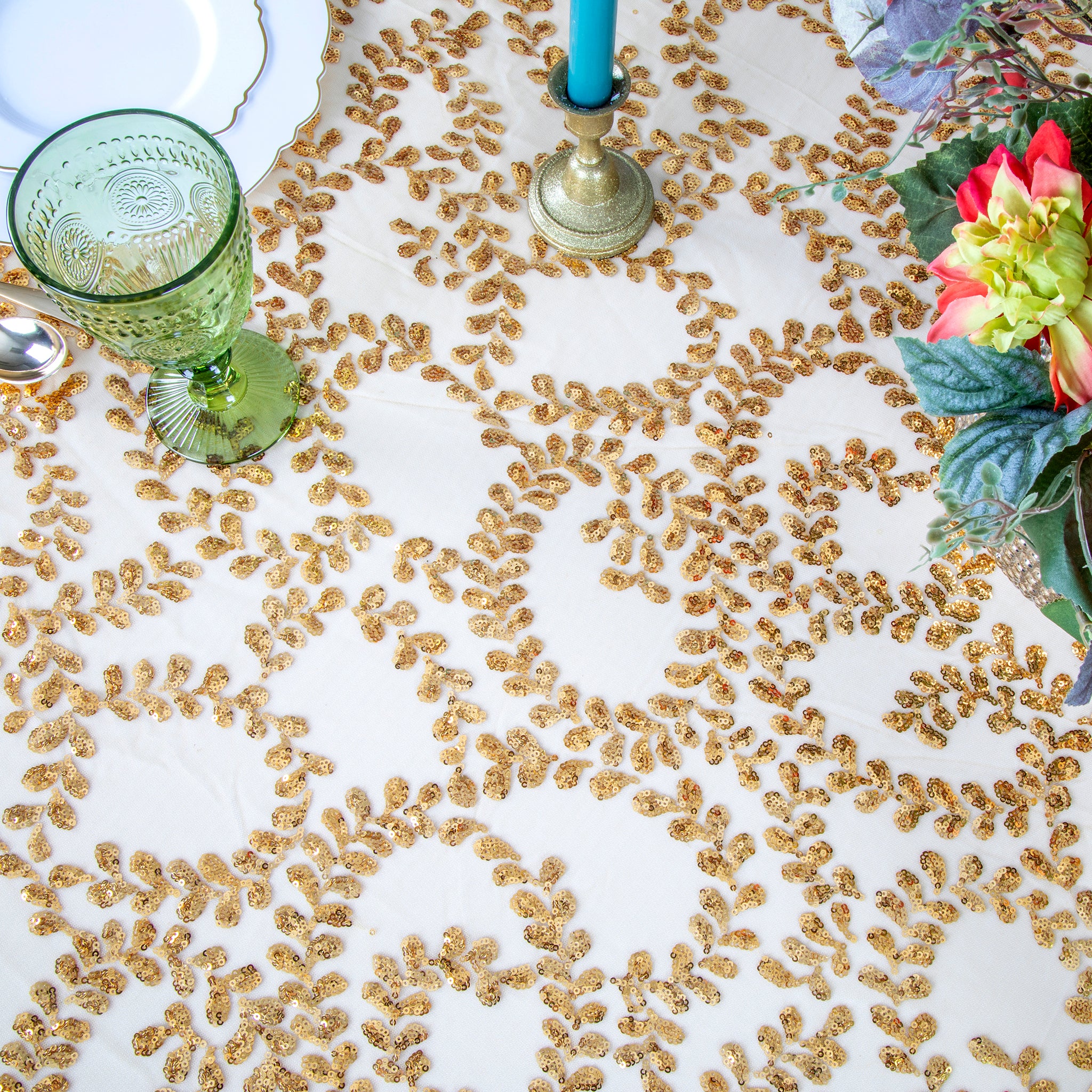 Sequin Vine Table Overlay Topper 90"x90" Square - Gold - Image 3