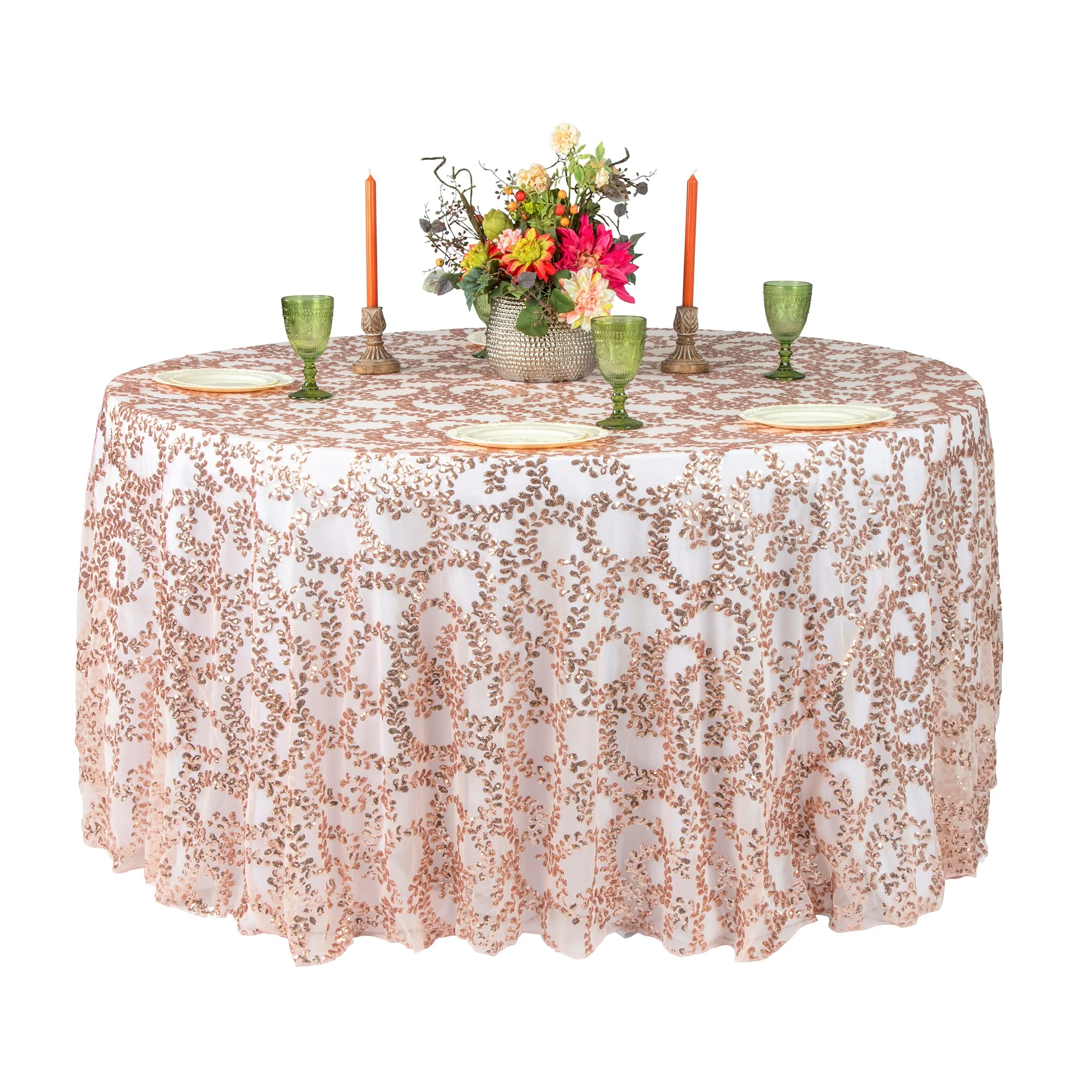 Sequin Vine Tablecloth Overlays 120" Round - Blush/Rose Gold - Image 2