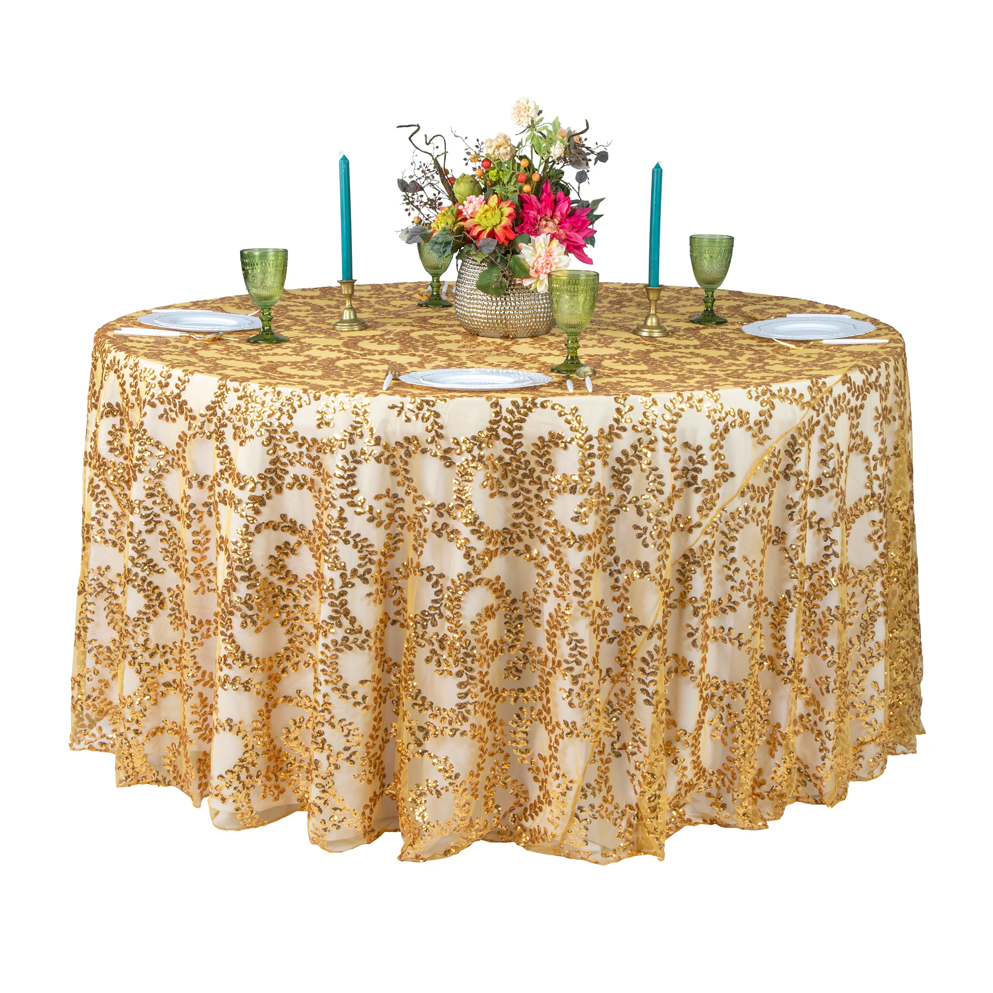 Sequin Vine Tablecloth Overlay 120" Round  - Gold - Image 2