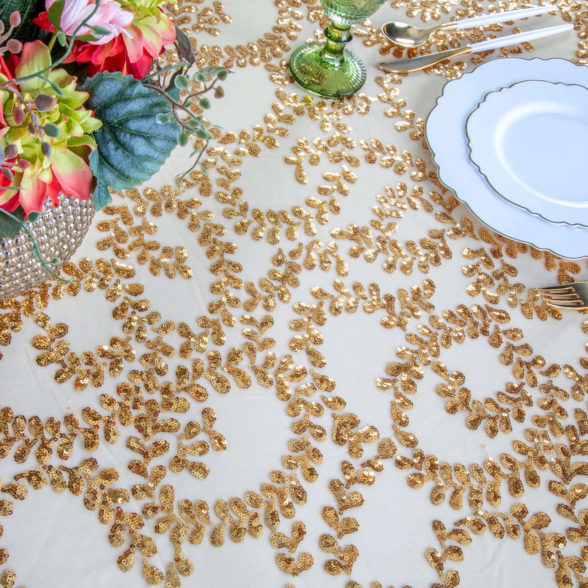 Sequin Vine Tablecloth Overlay 120" Round  - Gold - Image 3