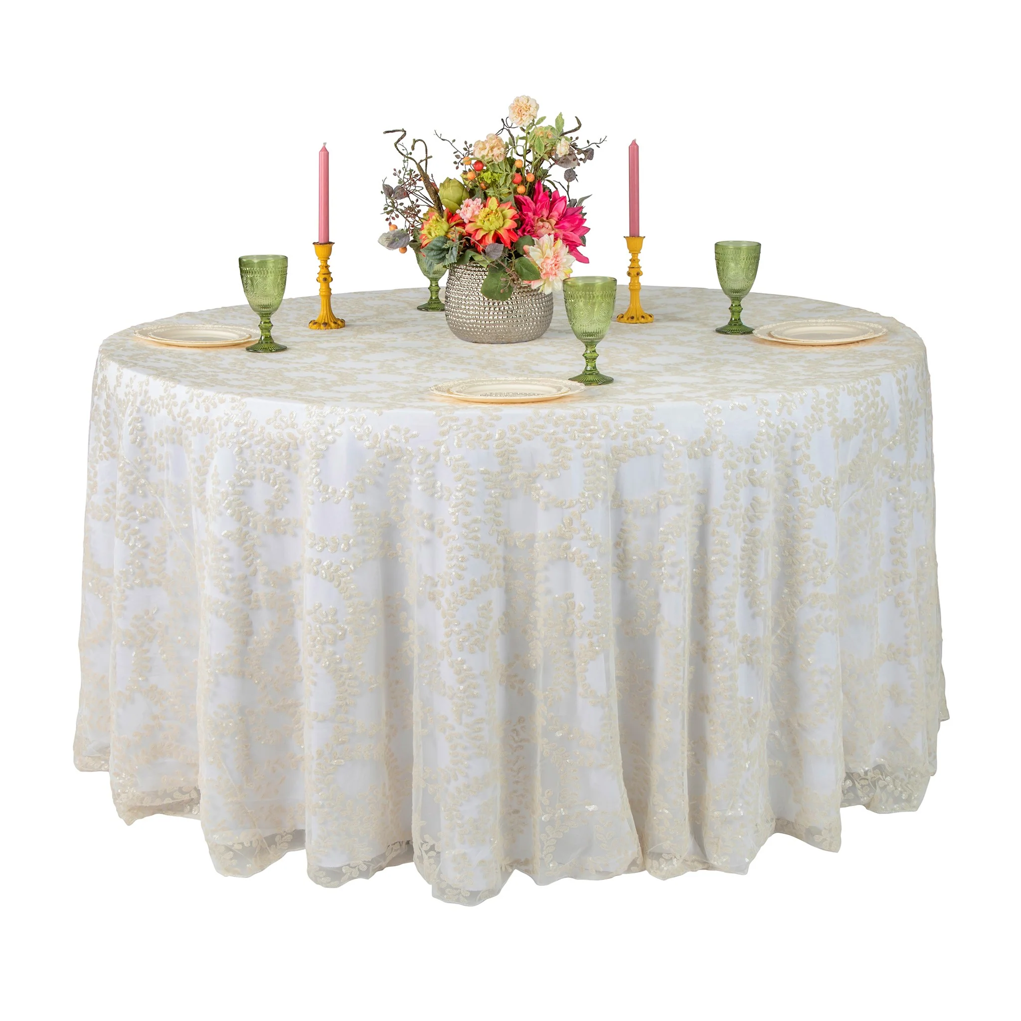 Sequin Vine Tablecloth Overlay 120" Round - Light Ivory/Off White - Image 2