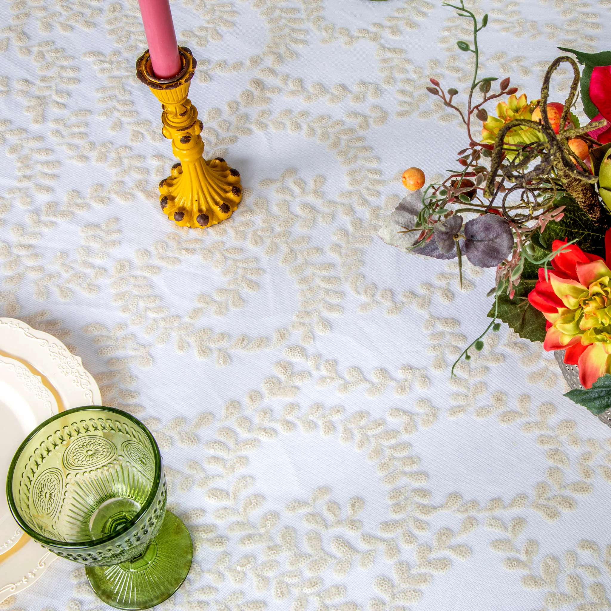 Sequin Vine Tablecloth Overlay 120" Round - Light Ivory/Off White - Image 3